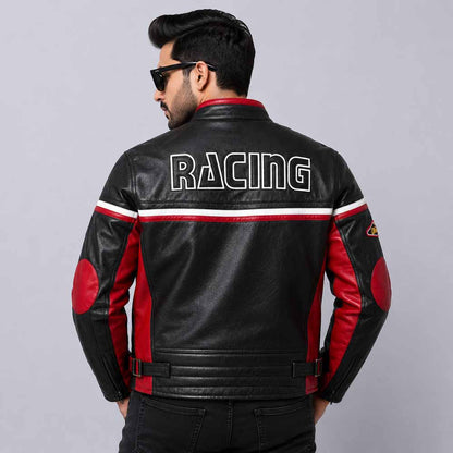 Men's Lucky Strike Black Cowhide Leather Motorcycle Jacket with Vintage Racing Style