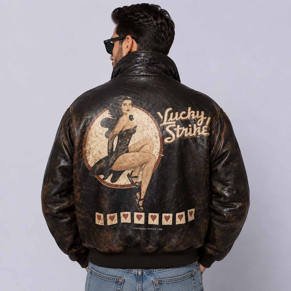 Men's Lucky Strike Brown Aviator Jacket in Vintage Cowhide Leather with Distressed Finish
