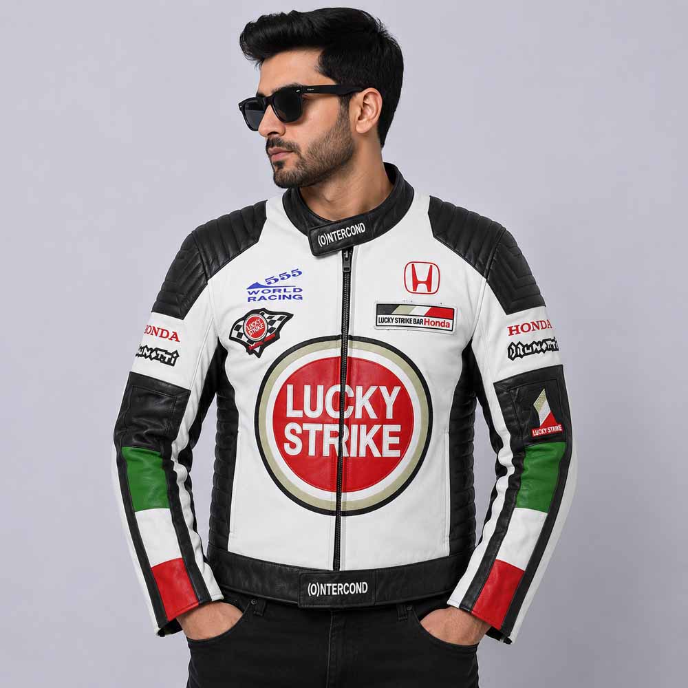 Men's Lucky Strike Honda Racing Cowhide Leather Motorcycle Jacket with CE Armor