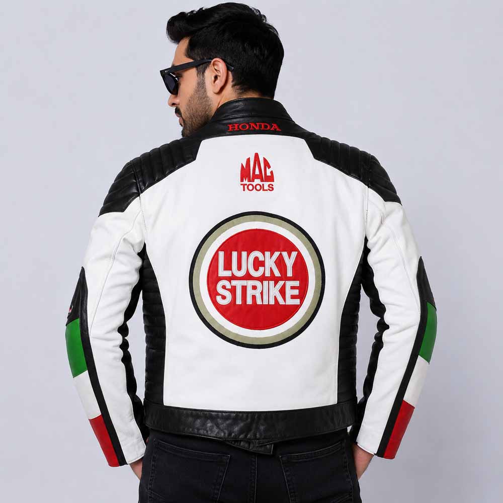 Men's Lucky Strike Honda Racing Cowhide Leather Motorcycle Jacket with CE Armor