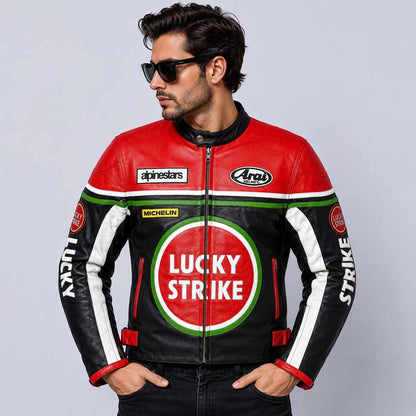 Men's Lucky Strike Red Black Green Cowhide Leather Motorcycle Jacket with Racing Patches
