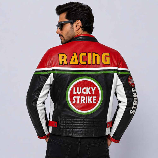 Men's Lucky Strike Red Black Green Cowhide Leather Motorcycle Jacket with Racing Patches