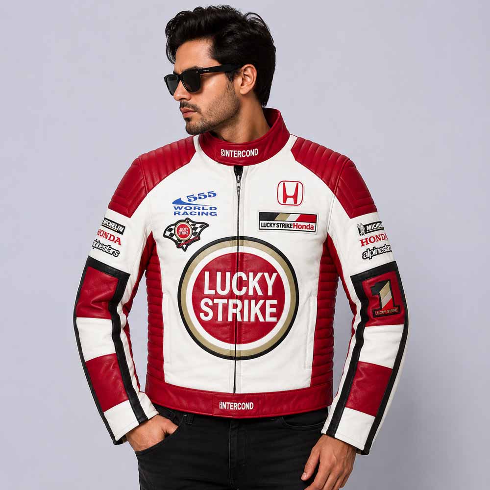 Men's Lucky Strike Cowhide Leather Biker Jacket with Racing Streetwear Style