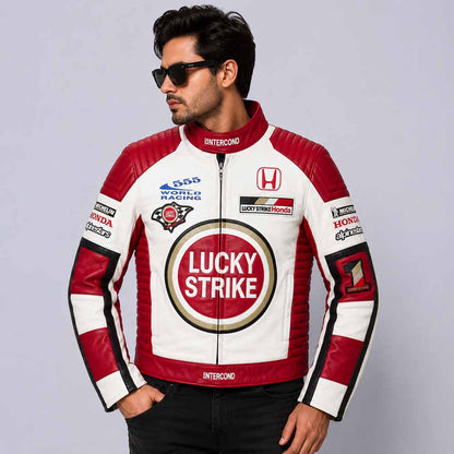 Men's Lucky Strike Cowhide Leather Biker Jacket with Racing Streetwear Style