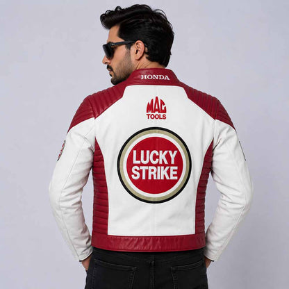 Men's Lucky Strike Cowhide Leather Biker Jacket with Racing Streetwear Style