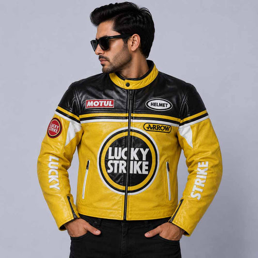 Men's Lucky Strike Motorcycle Streetwear Genuine Cowhide Leather Jacket front view