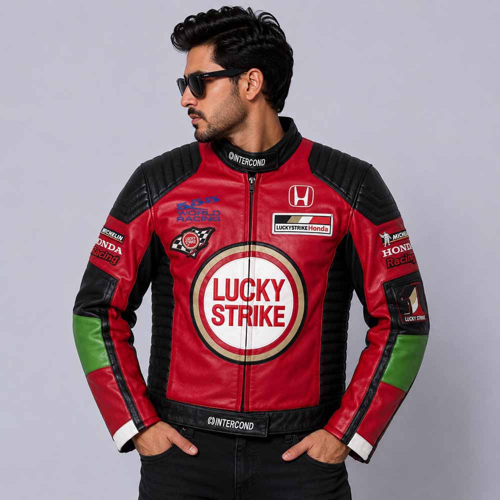 Men's Lucky Strike Vintage Red and Black Cowhide Leather Racing Jacket front view