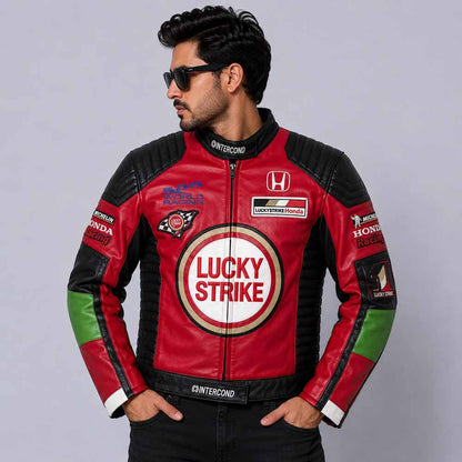 Men's Lucky Strike Vintage Red and Black Cowhide Leather Racing Jacket front view