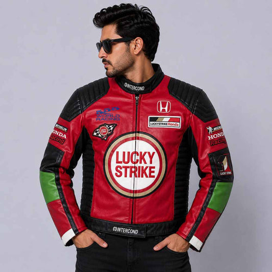 Men's Lucky Strike Vintage Red and Black Cowhide Leather Racing Jacket front view