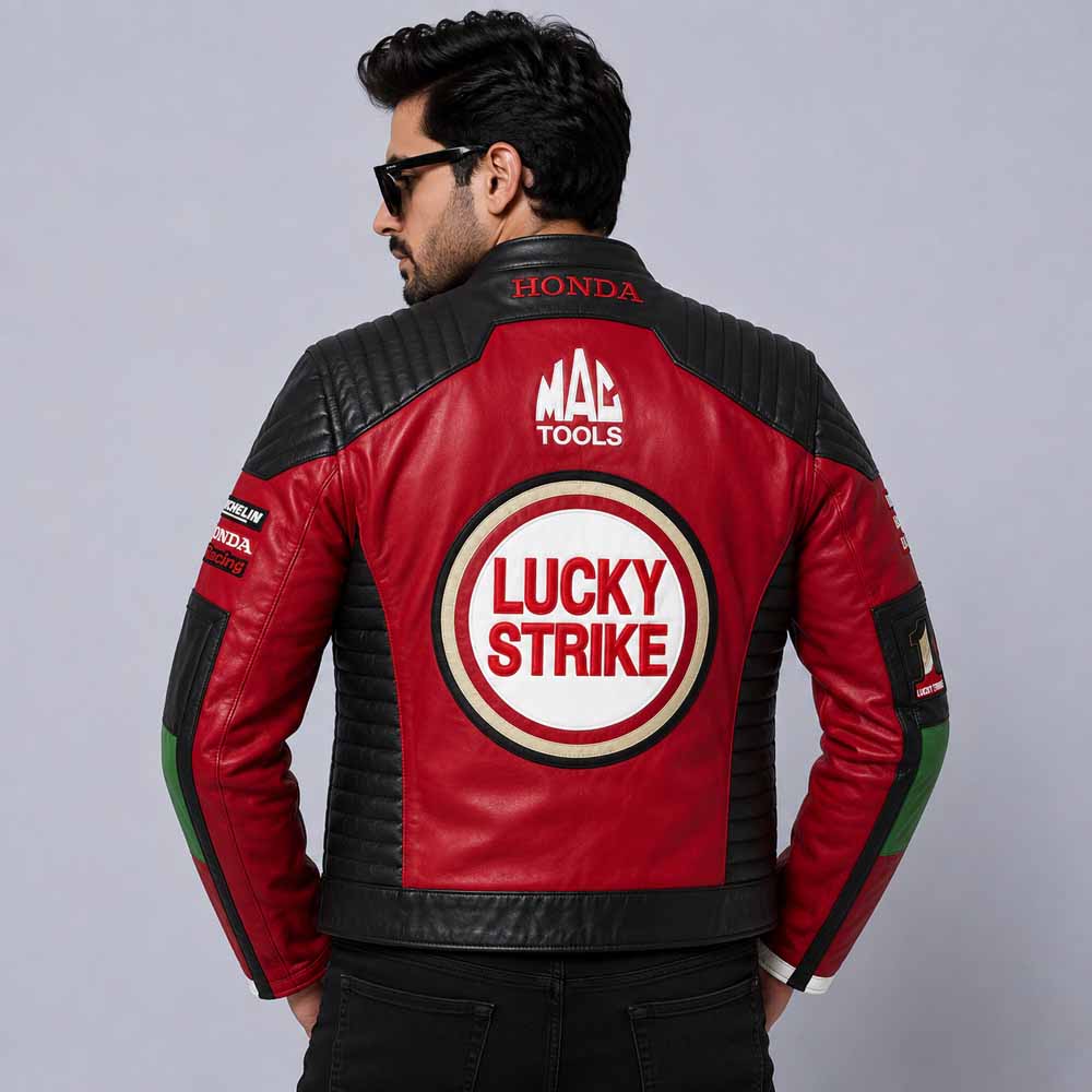 Genuine cowhide Lucky Strike racing leather jacket in vintage red and black