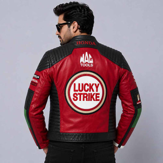 Genuine cowhide Lucky Strike racing leather jacket in vintage red and black