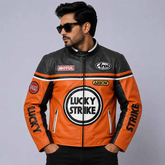 Men's Lucky Strike Orange and Black Motorcycle Cotton Jacket front view