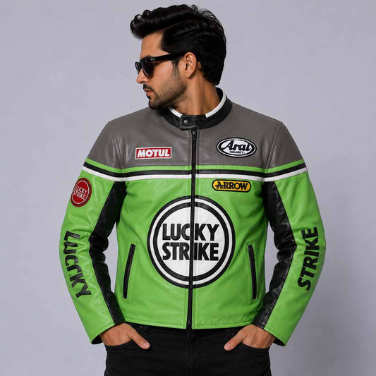 Lucky Strike Racing Green and Grey Polyester Motorcycle Jacket front view