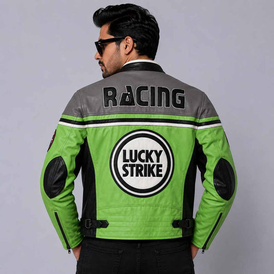Men's Lucky Strike Green and Grey Racing Jacket with zipper closure