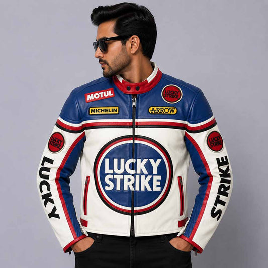 Men's Lucky Strike Racing Moto Biker Jacket in Genuine Cowhide Leather