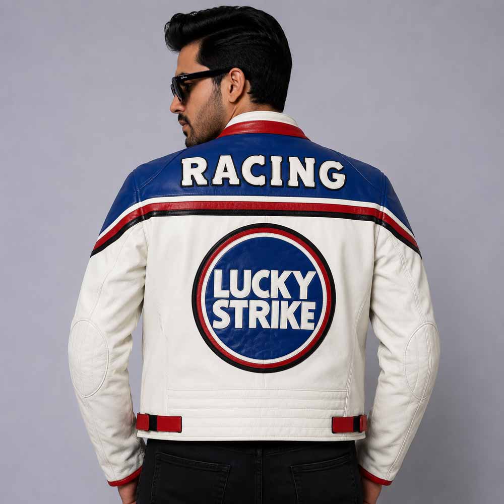 Lucky Strike Leather Racing Jacket with Vintage Grand Prix Style