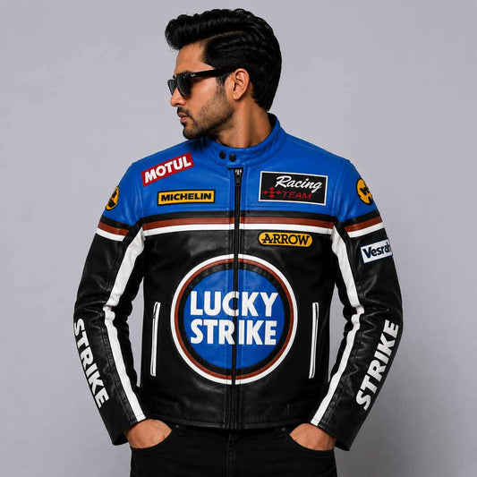 Men's Lucky Strike Blue and Black Motorcycle Jacket in Genuine Cowhide Leather