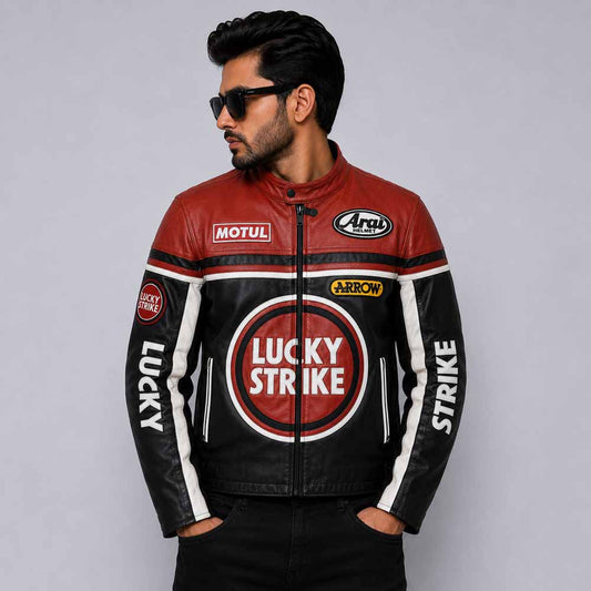 Men's Lucky Strike Racing Jacket in Premium Cowhide Leather Front View