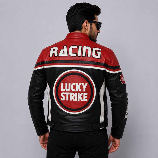 Black Lucky Strike Motorcycle Leather Jacket with CE Armor