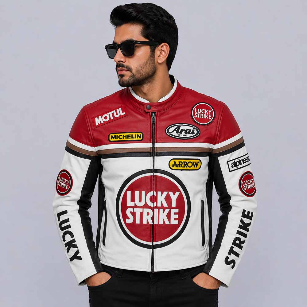 Men's Lucky Strike Racing Motorcycle Jacket in Full Grain Cowhide Leather Front View