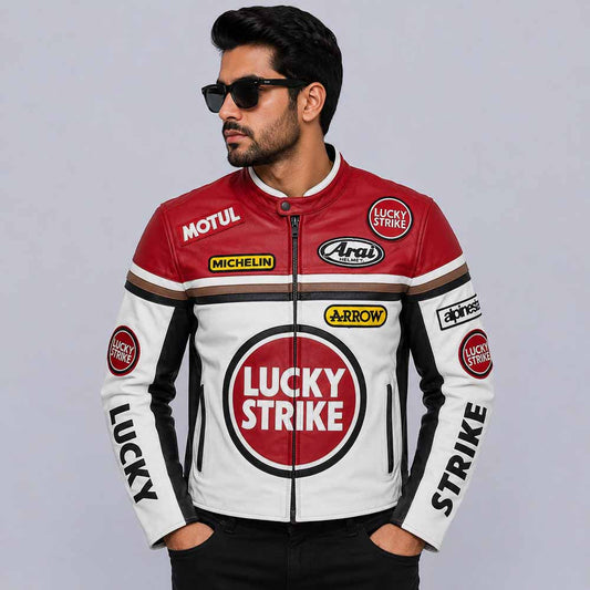 Men's Lucky Strike Racing Motorcycle Jacket in Full Grain Cowhide Leather Front View