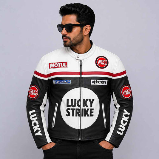 Men Genuine Cowhide Lucky Strike Leather Motorcycle Jacket Front View