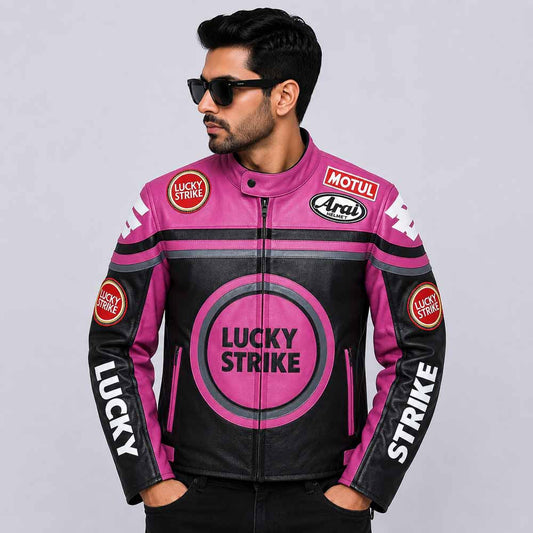 Men Pink and Black Lucky Strike Genuine Leather Motorcycle Jacket Front View