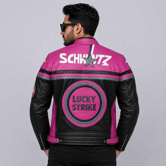 Lucky Strike Pink and Black Leather Racing Jacket Back View