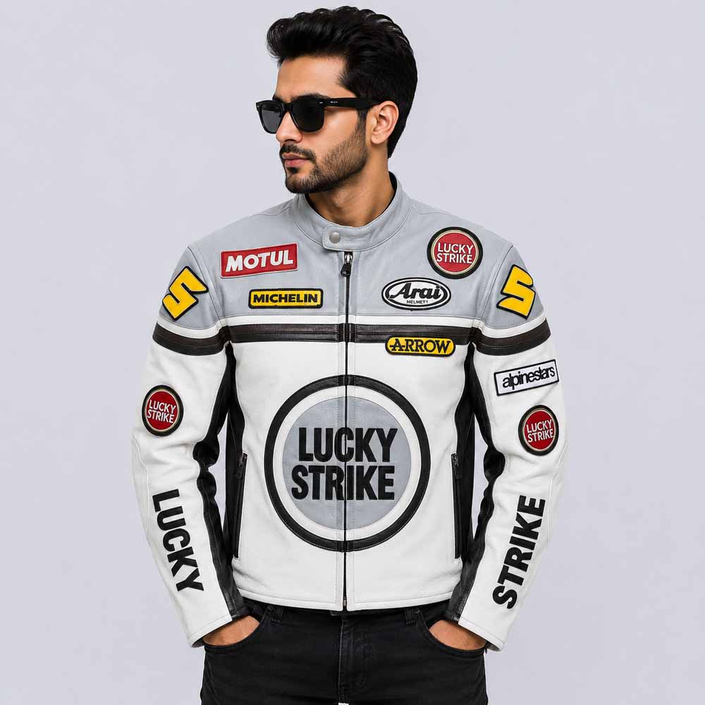 Men Genuine Cowhide Lucky Strike MotoGP Leather Motorcycle Jacket Front View