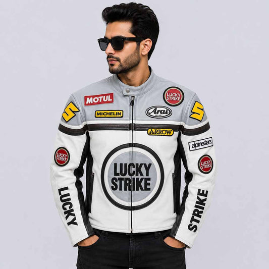 Men Genuine Cowhide Lucky Strike MotoGP Leather Motorcycle Jacket Front View