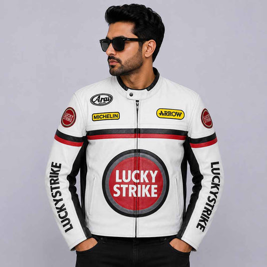 Men White Genuine Cowhide Lucky Strike Leather Racing Jacket Front View