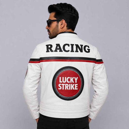 Lucky Strike White Motorcycle Leather Jacket Back View