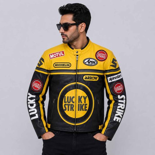 Men Yellow and Black Lucky Strike Racing Leather Motorcycle Jacket Front View