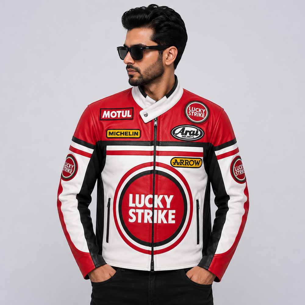 Men Red White and Black Lucky Strike Genuine Leather Biker Jacket Front View