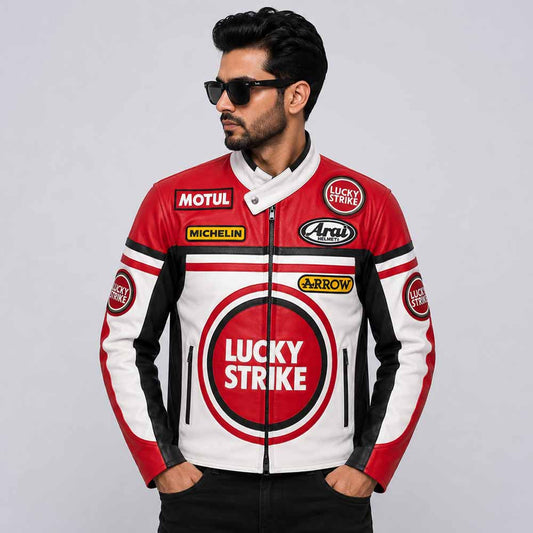 Men Red White and Black Lucky Strike Genuine Leather Biker Jacket Front View