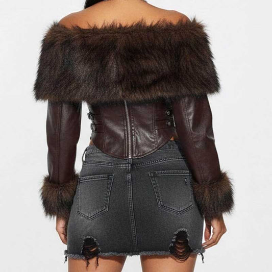 Luxury biker jacket featuring off-shoulder silhouette and corset-inspired waist tailoring