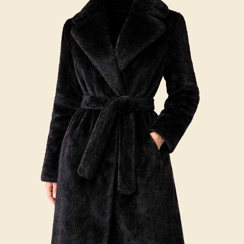 Luxury black faux fur long coat for evening wear