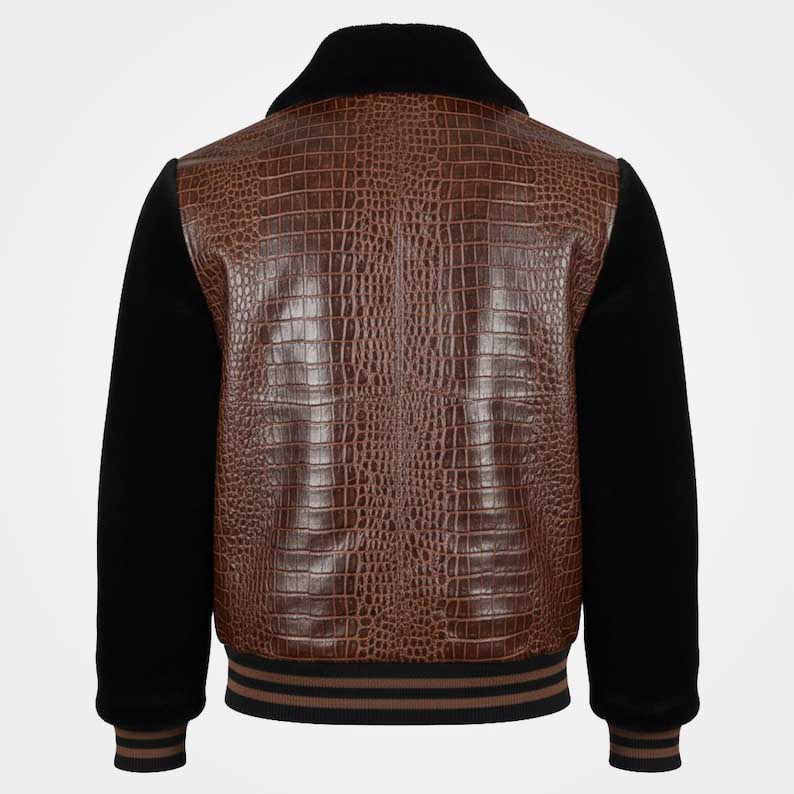 Luxury varsity bomber jacket featuring textured leather and fur collar by Jackets Kingdom