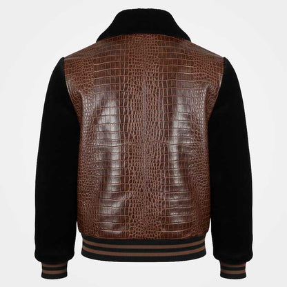 Luxury varsity bomber jacket featuring textured leather and fur collar by Jackets Kingdom
