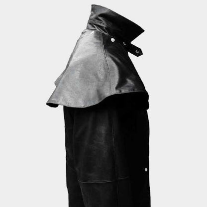 Medieval inspired hooded leather coat in black for cosplay enthusiasts by Jackets Kingdom