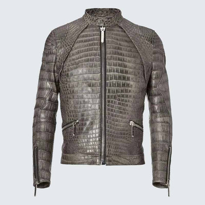 Men Black Crocodile Pattern Genuine Leather Jacket Coat with Luxury Finish