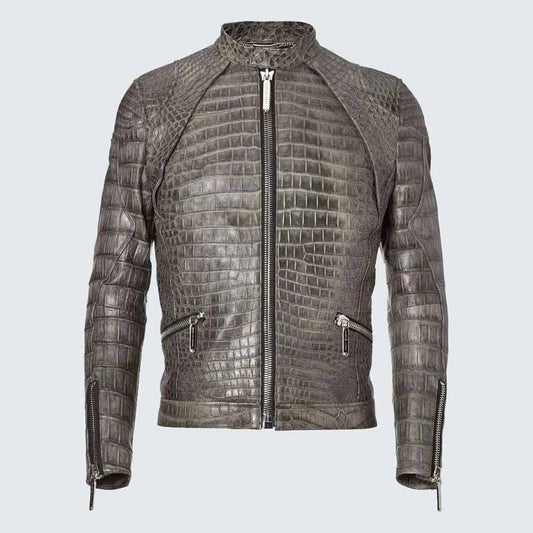 Men Black Crocodile Pattern Genuine Leather Jacket Coat with Luxury Finish