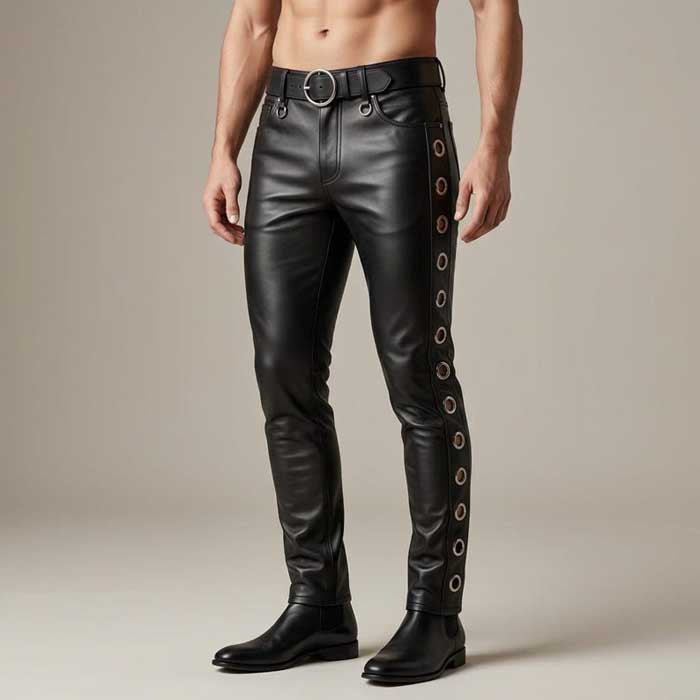 Men Black Leather Slim Fit Pants with Side Grommet Detail