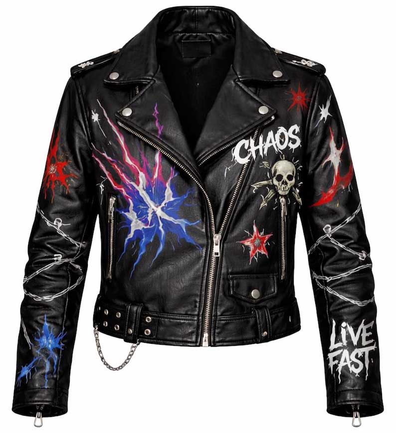 Men Black Punk Leather Biker Jacket with Graffiti Skull Graphic