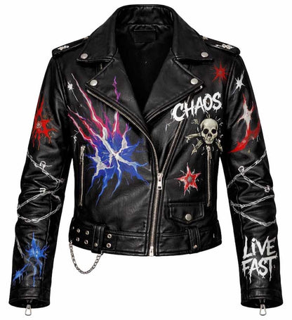 Men Black Punk Leather Biker Jacket with Graffiti Skull Graphic