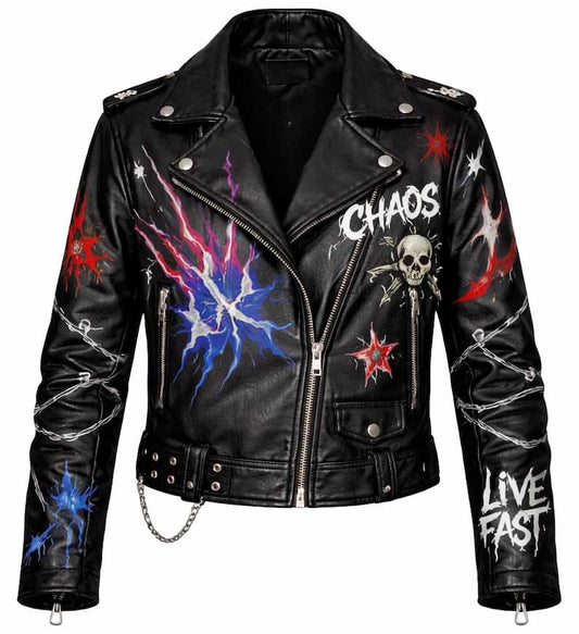 Men Black Punk Leather Biker Jacket with Graffiti Skull Graphic
