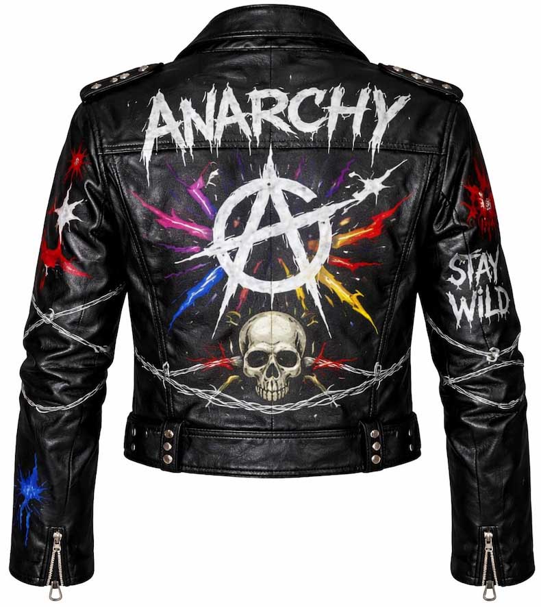 Men Black Punk Leather Biker Jacket with Graffiti Skull Graphic