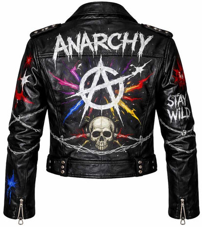 Men Black Punk Leather Biker Jacket with Graffiti Skull Graphic