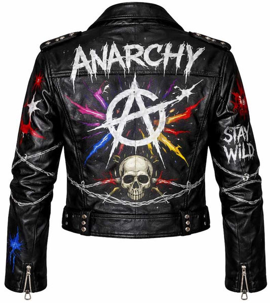 Men Black Punk Leather Biker Jacket with Graffiti Skull Graphic