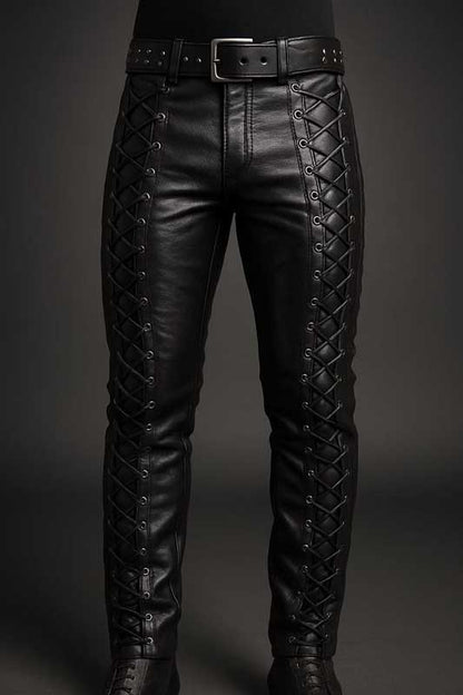 Men Black Sheep Leather Lace Up Pants Gothic Punk Slim Fit